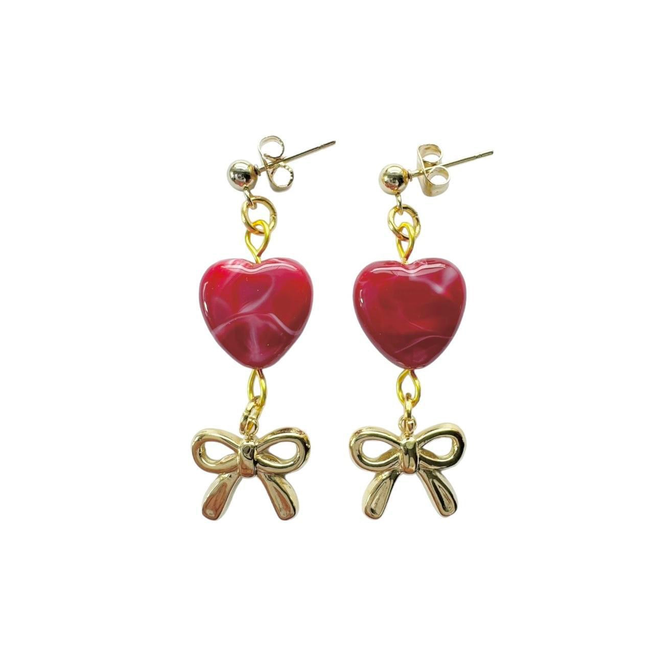 Gold Bow & Red Heart Earrings