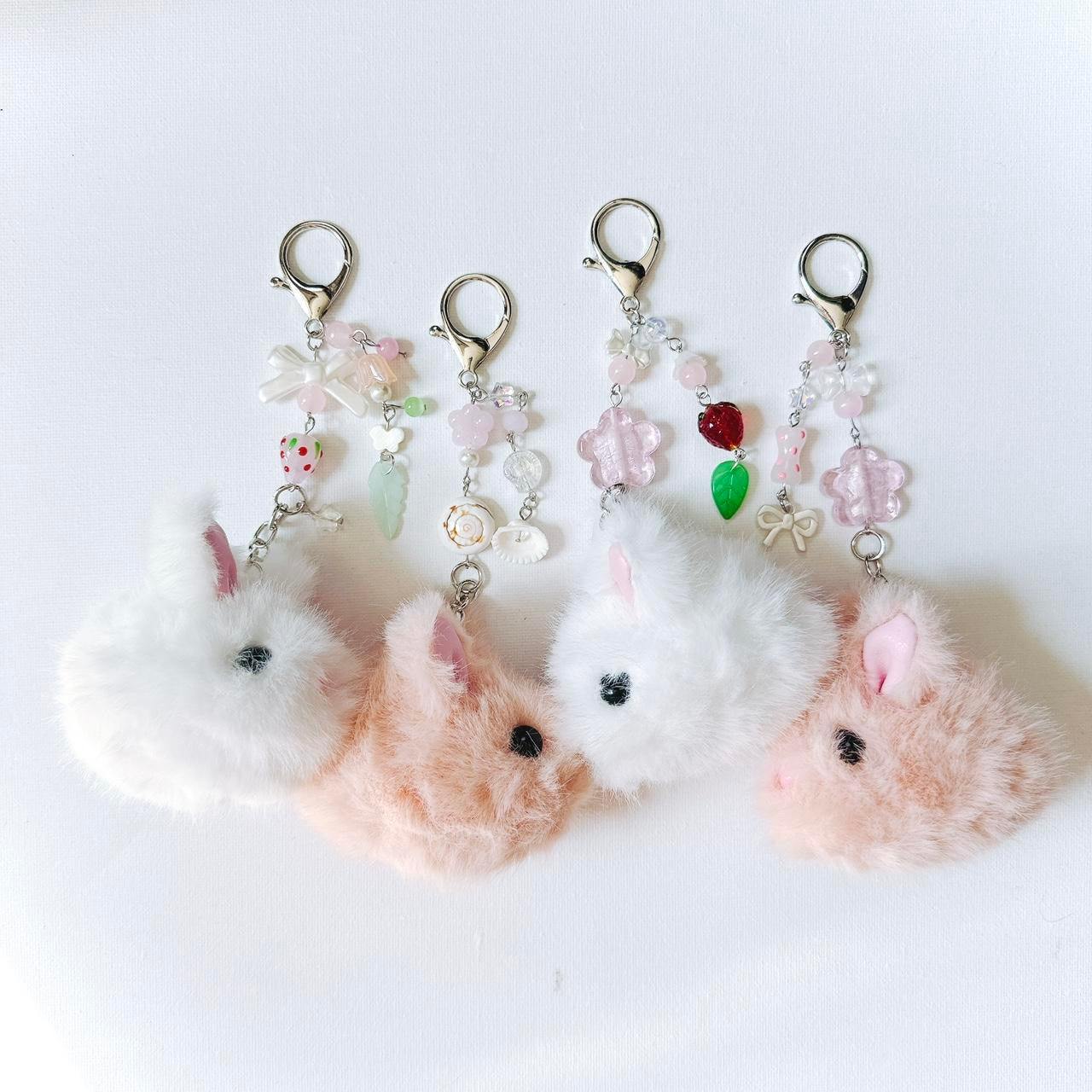 white fluffy bunny keychain - pink strawberry