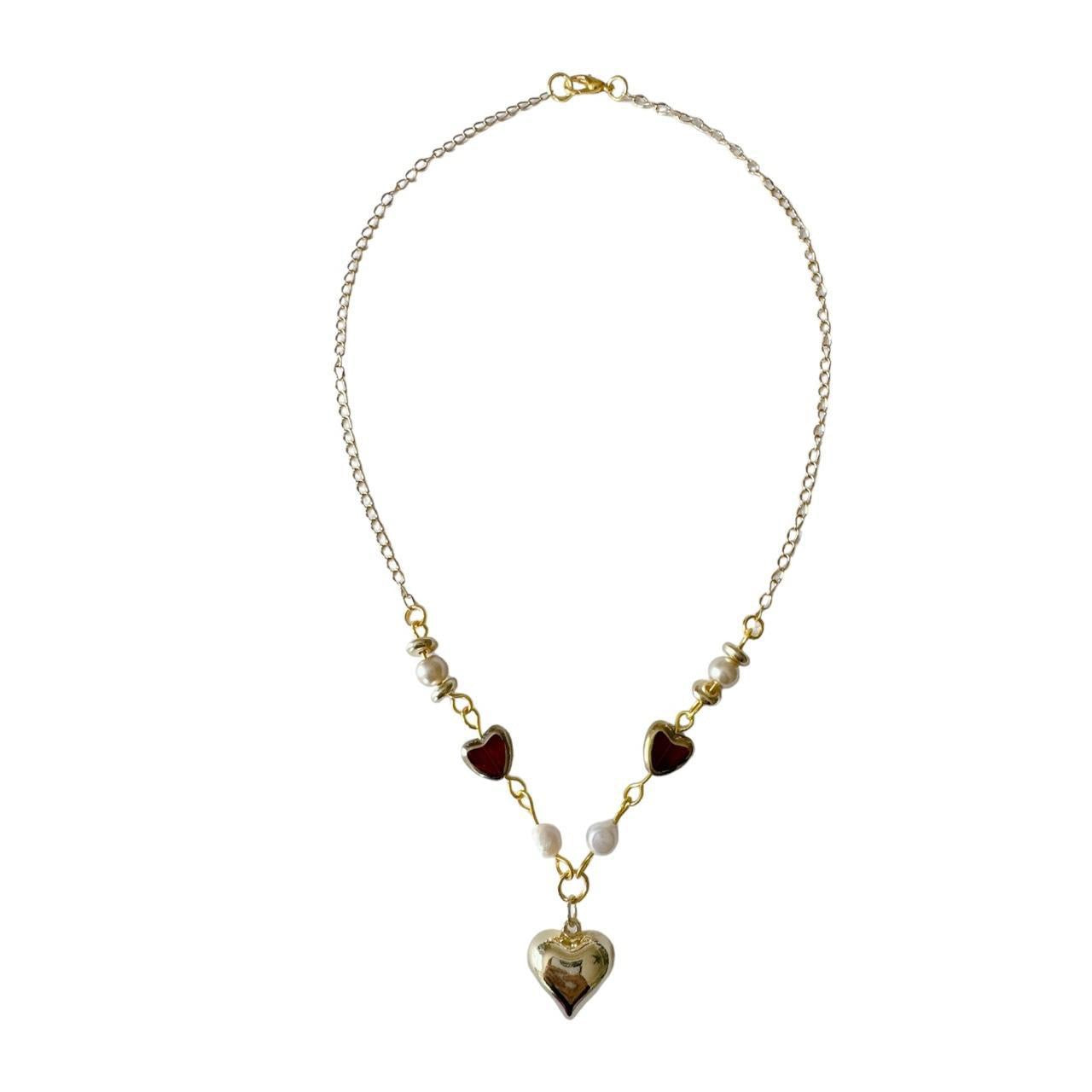 Gold Puffy Heart Beaded Necklace