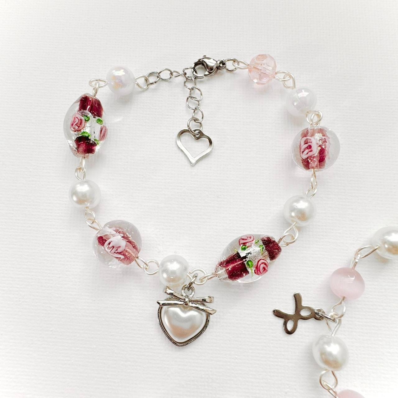 Floral Pearl Heart Charm Bracelet