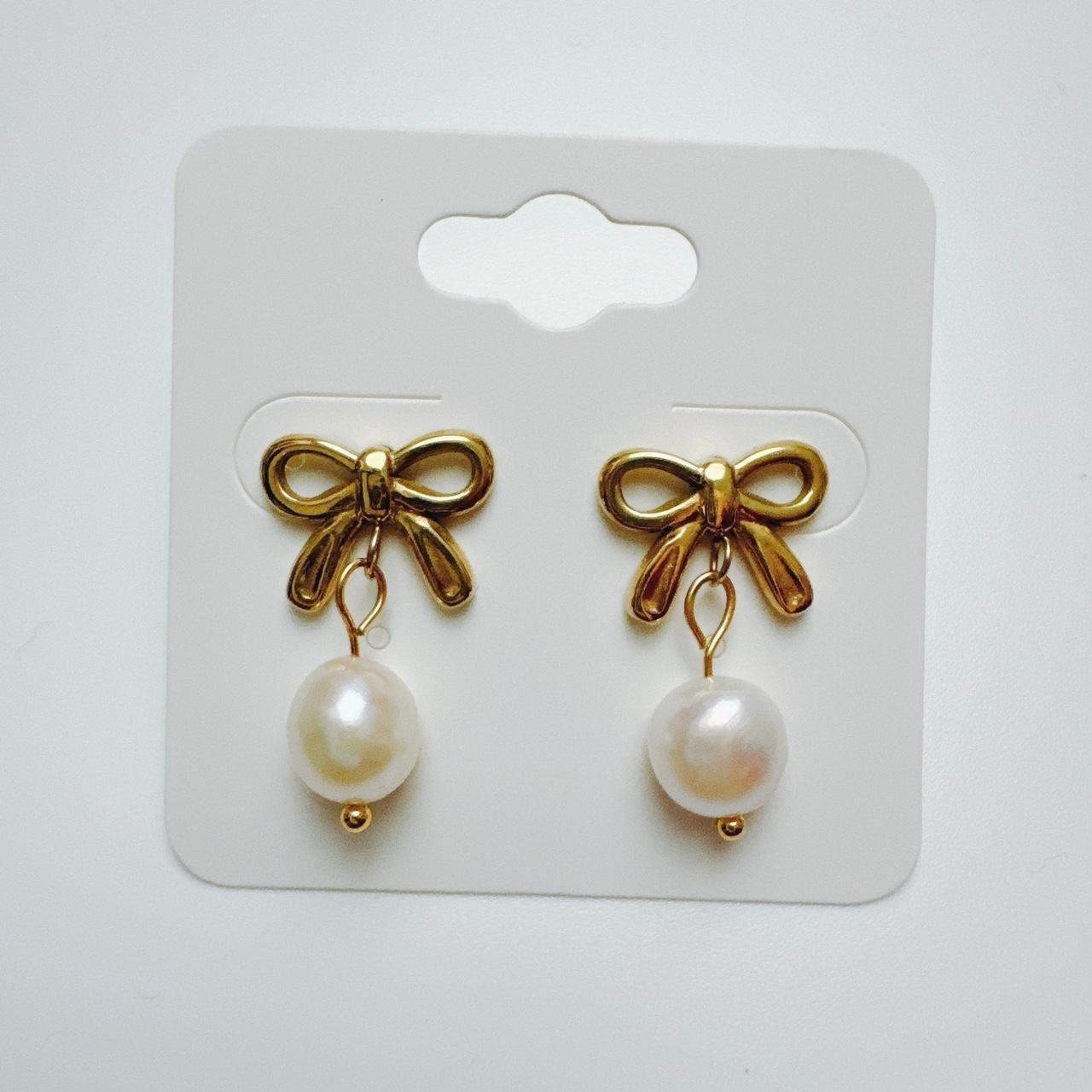 Gold Bow & Pearl Earrings