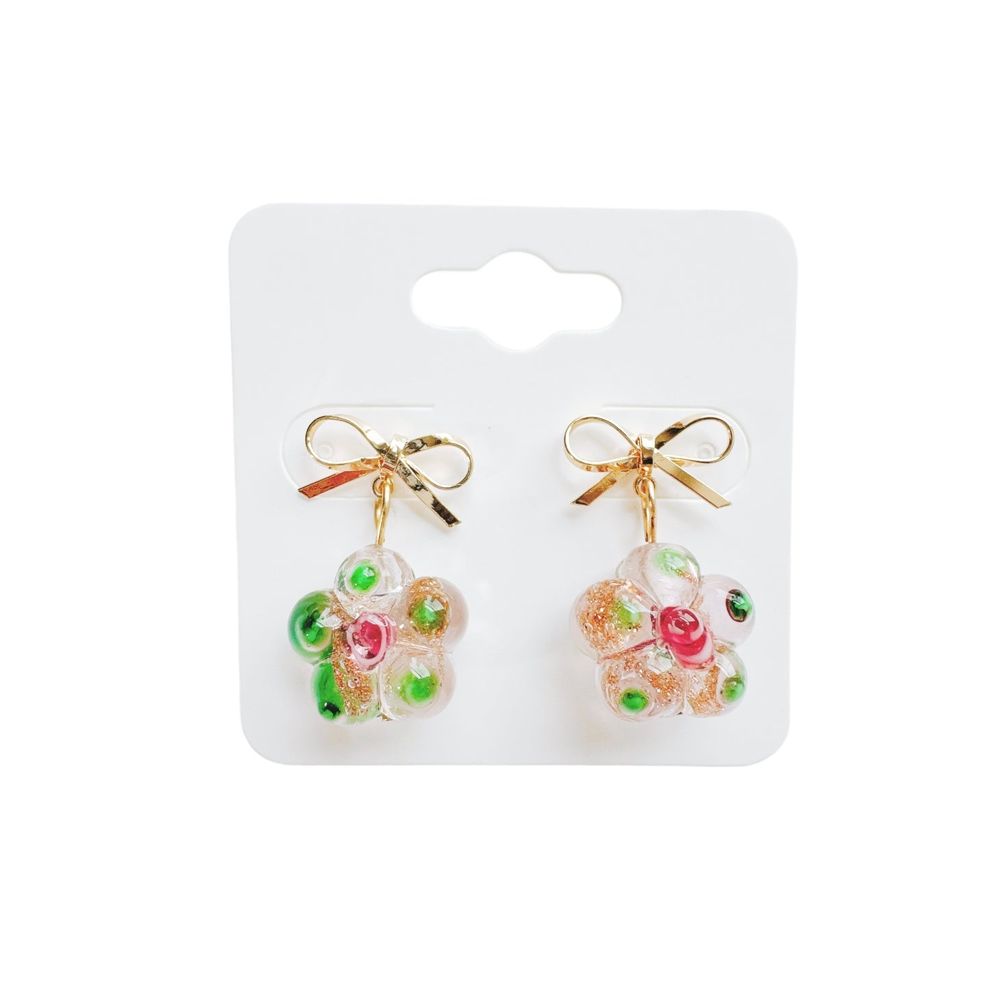 Gold Bow & Glass Flower Earrings