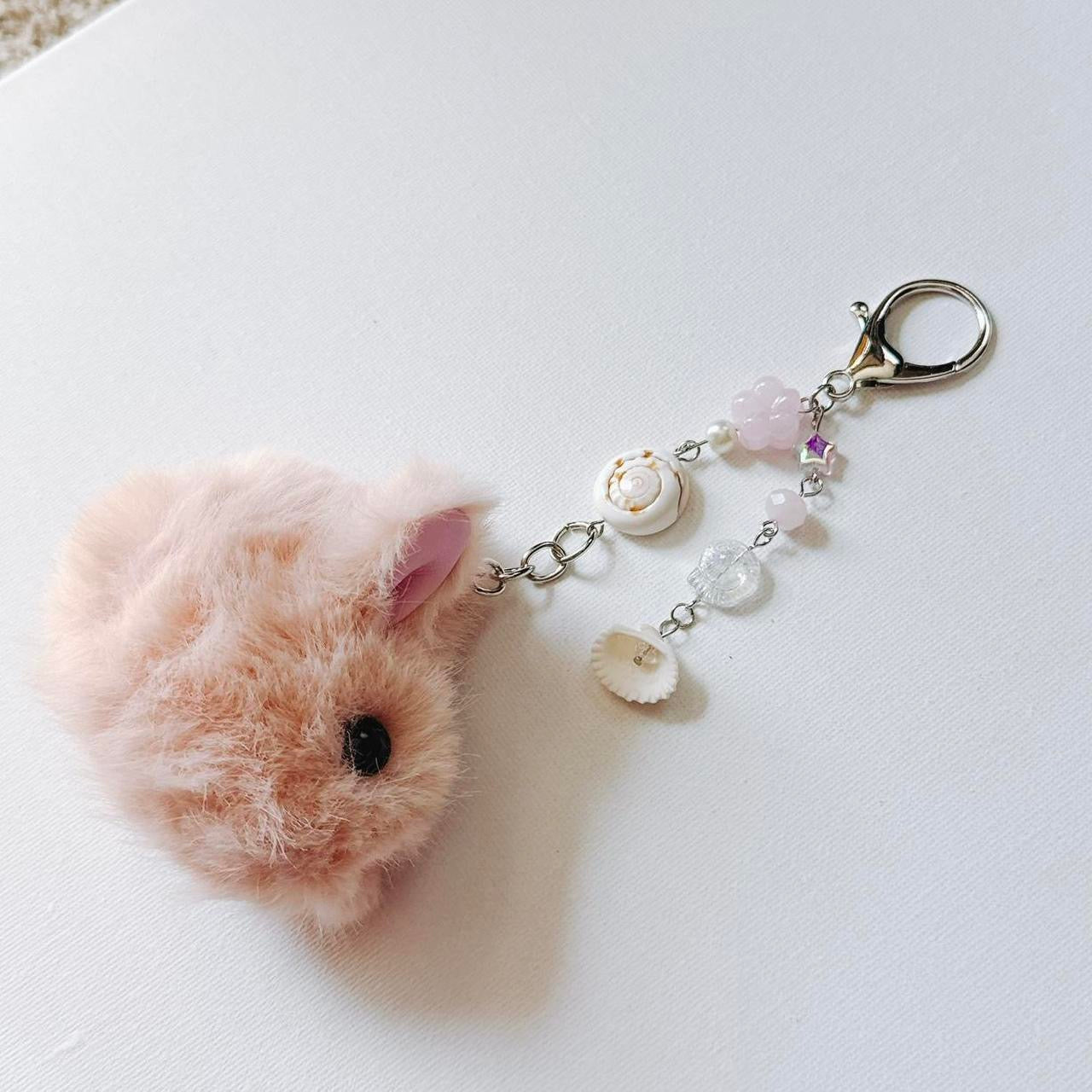 pink fluffy bunny keychain - seashells