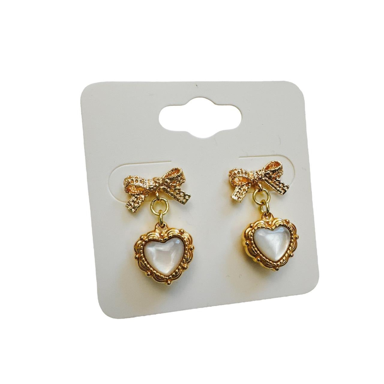 lace gold bow & shell heart earrings