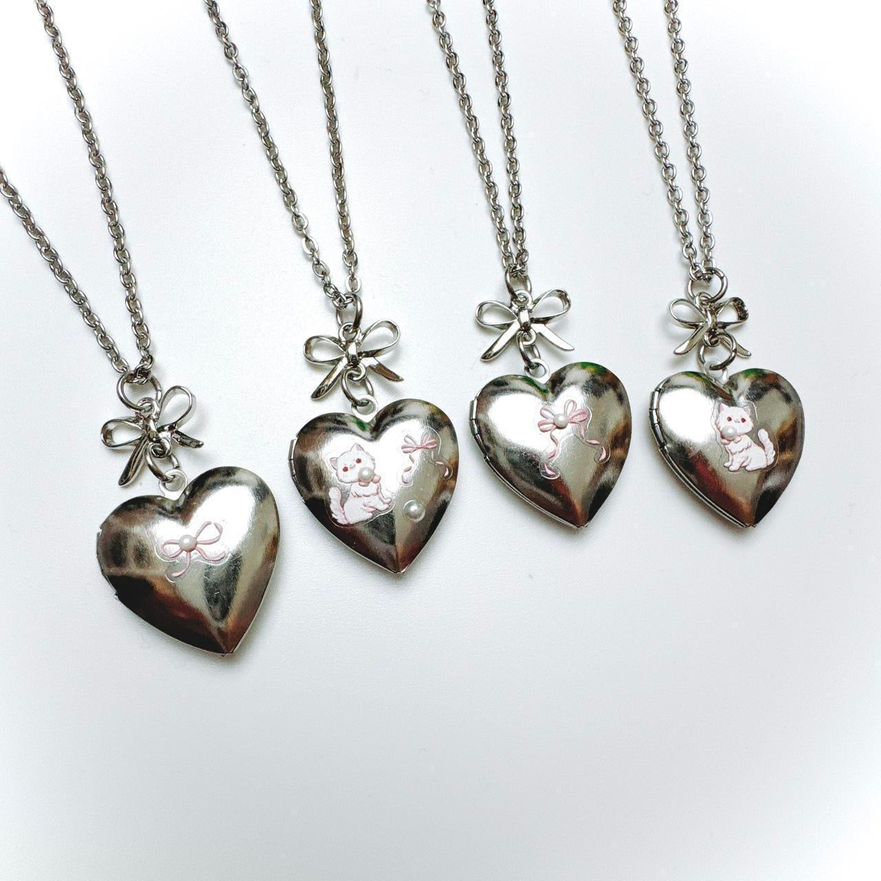 Silver Bow & Heart Locket - cat & bow version