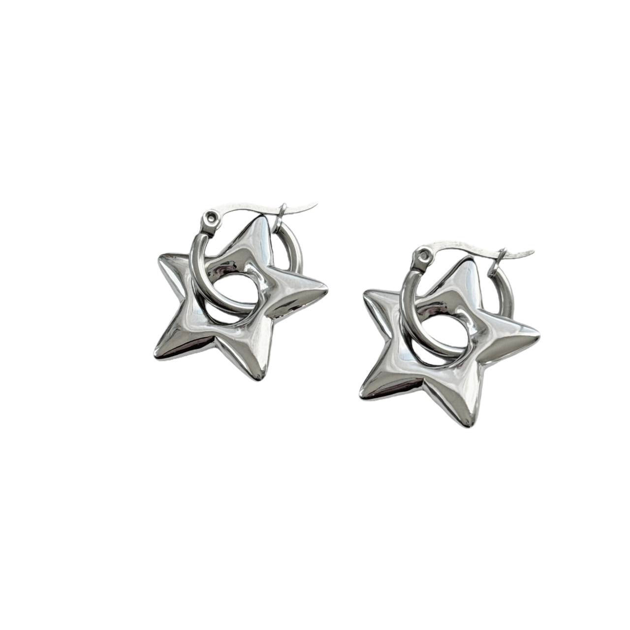 Silver Puffy Star Hoops