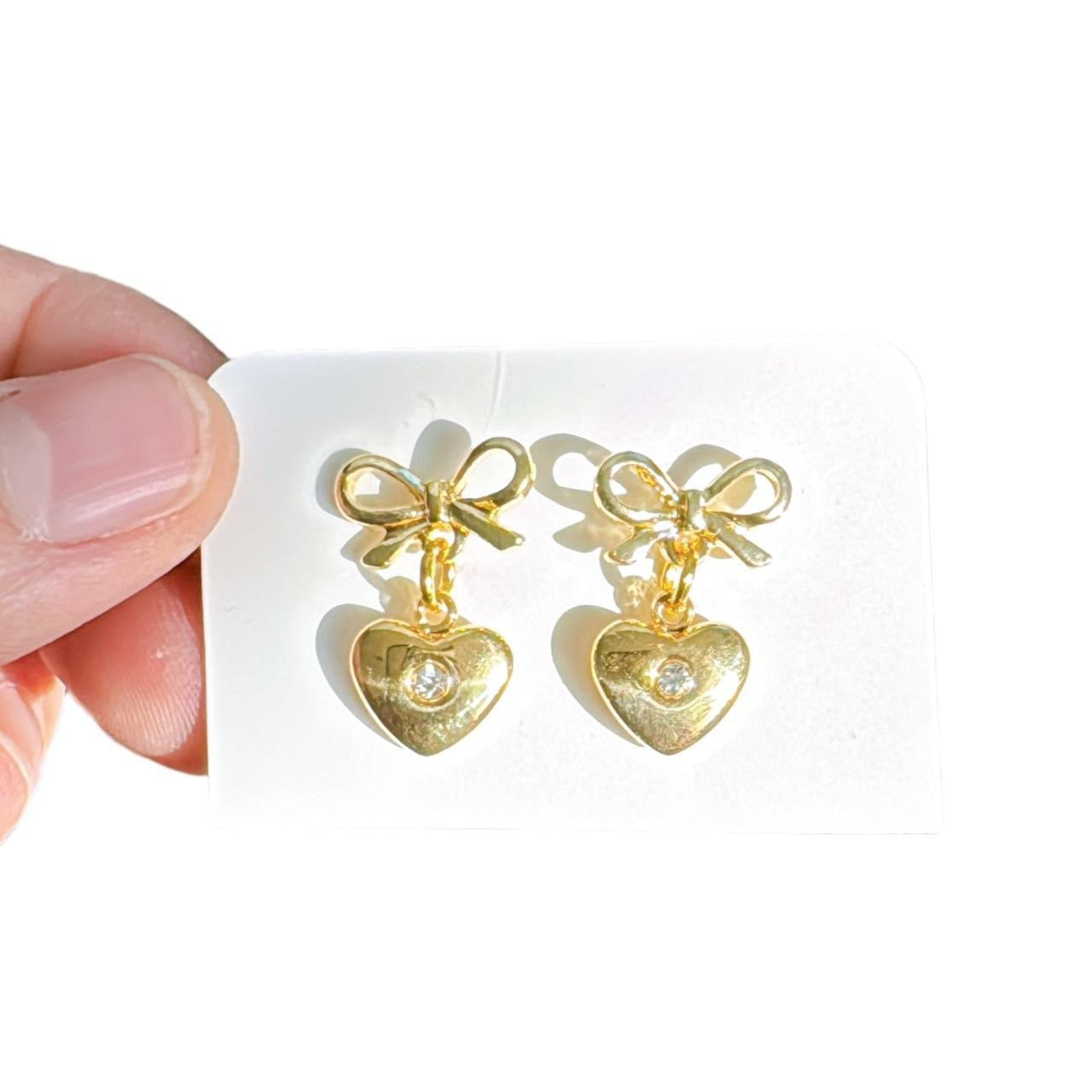 Gold Bow & Clear Rhinestone Heart Earrings