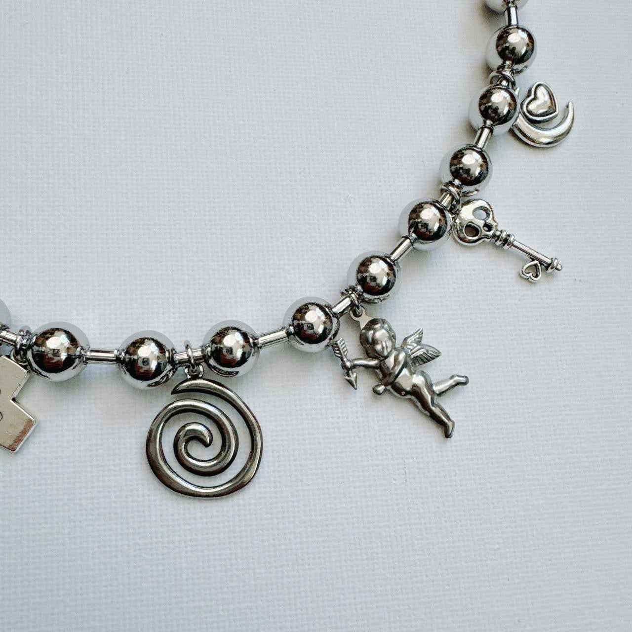 silver spiral ball chain charm necklace