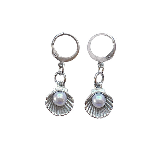 Silver Pearl Shell Huggie Earrings