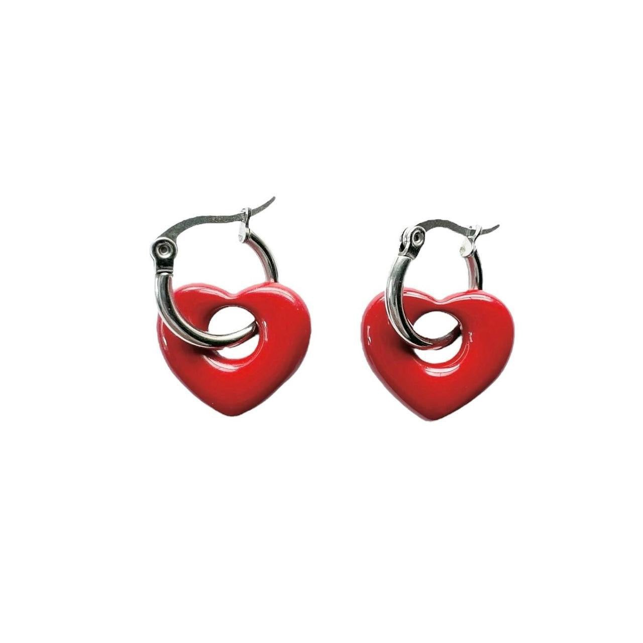 Red Puffy Heart Hoop Earrings