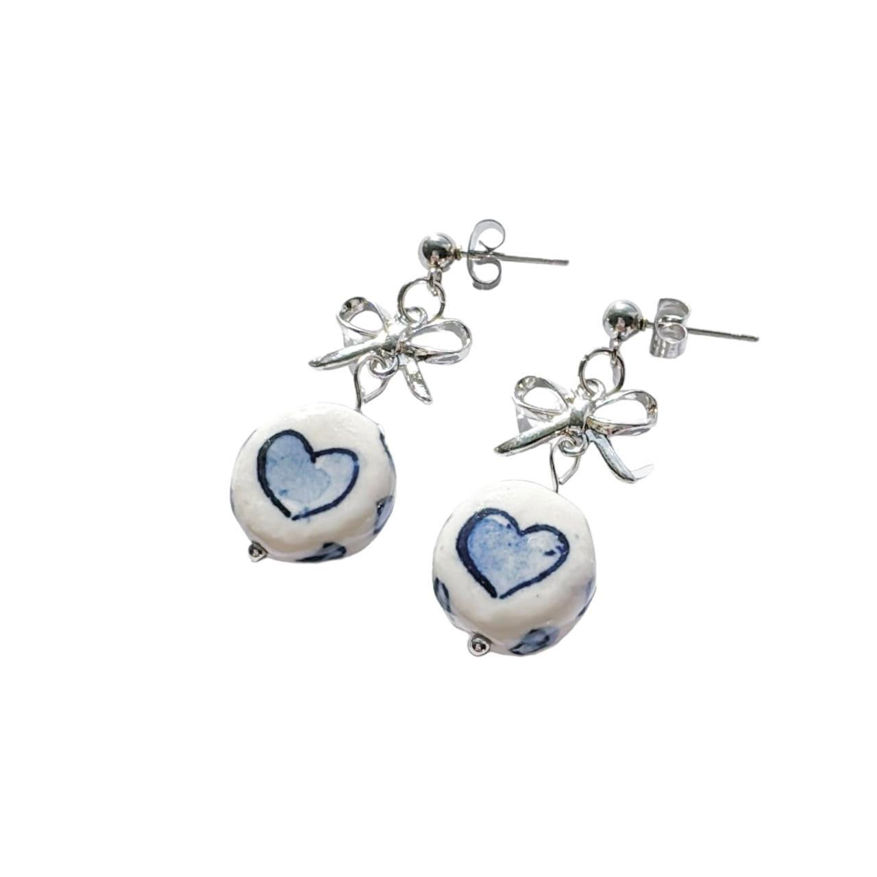 Silver Bow & Porcelain Heart Earrings