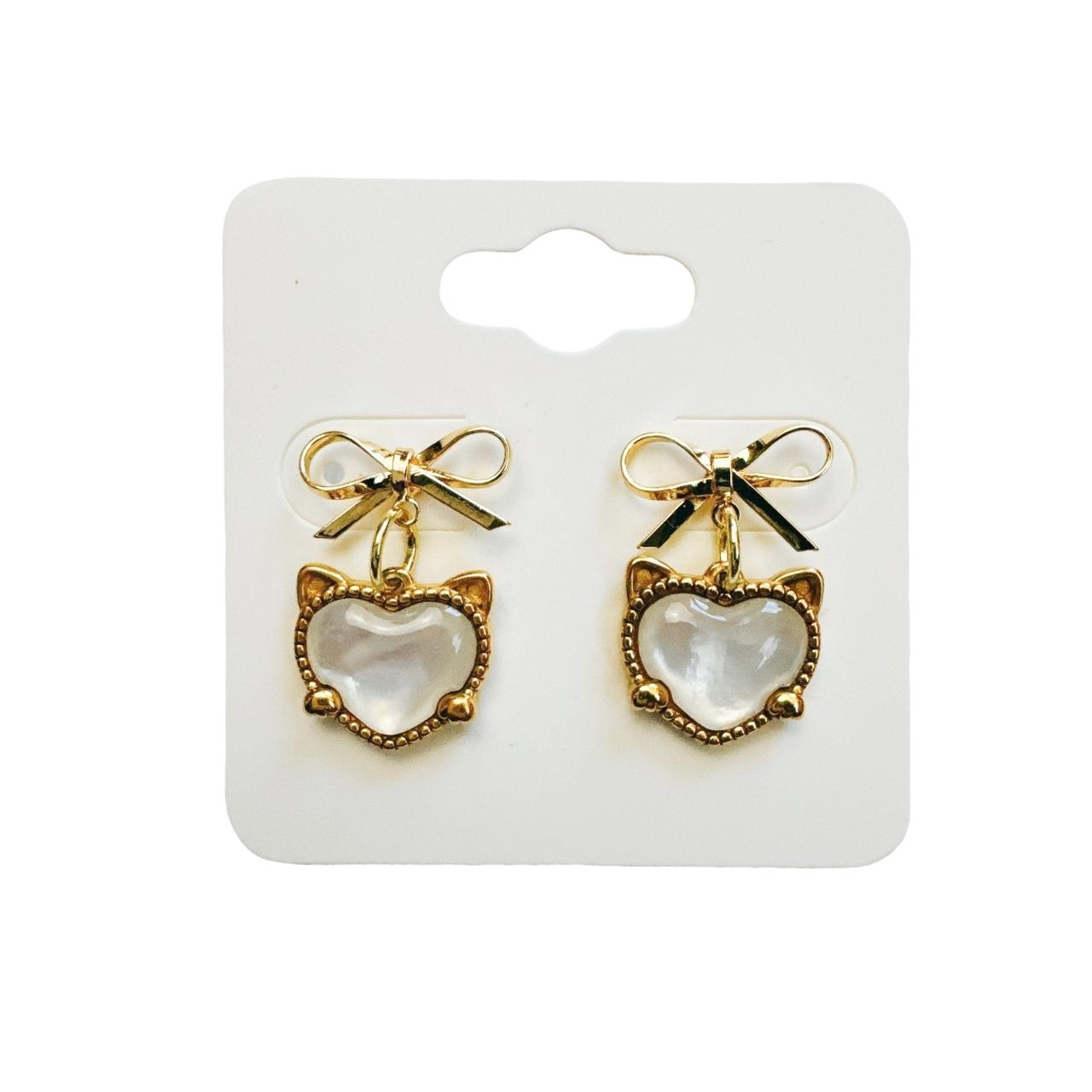 gold bow & cat shell heart earrings