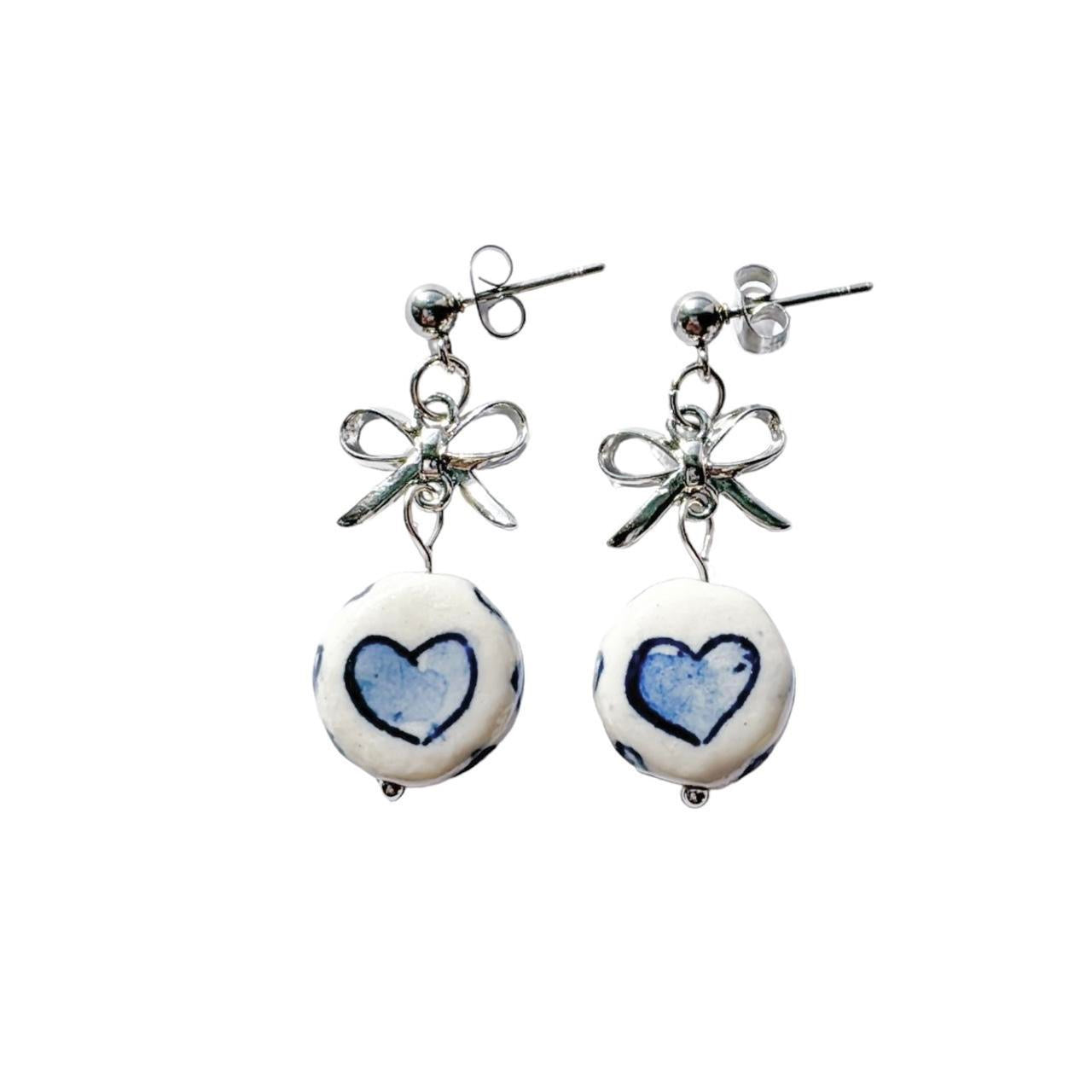 Silver Bow & Porcelain Heart Earrings