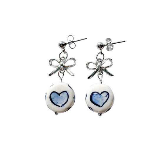 Silver Bow & Porcelain Heart Earrings