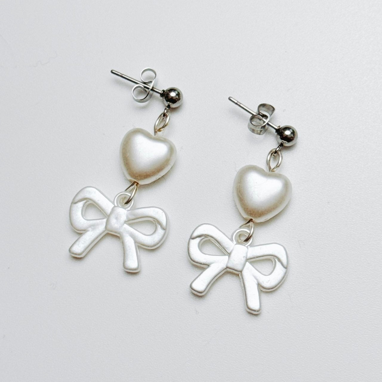 Faux Pearl Heart & Bow Earrings