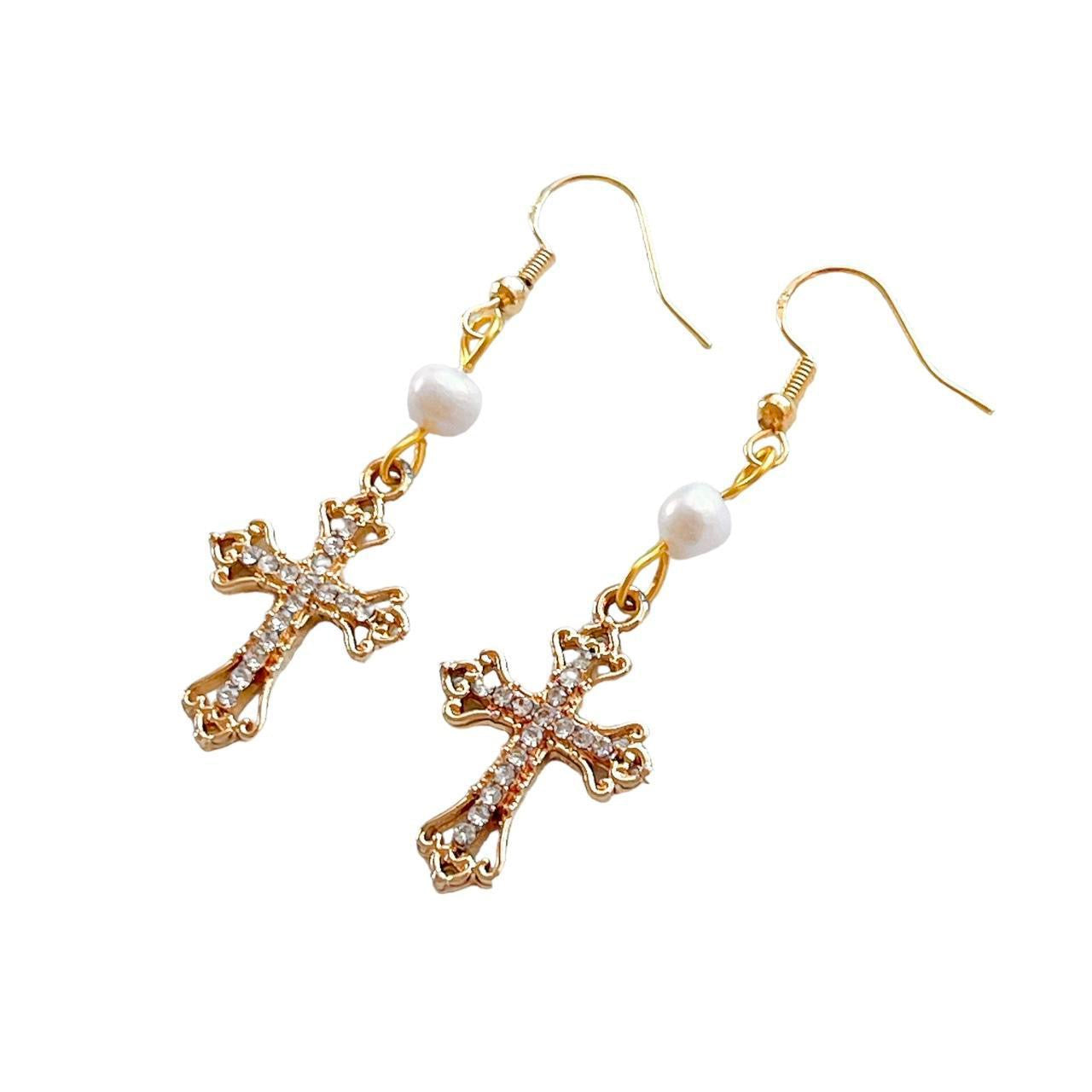 Gold Rhinestone Cross Earrings