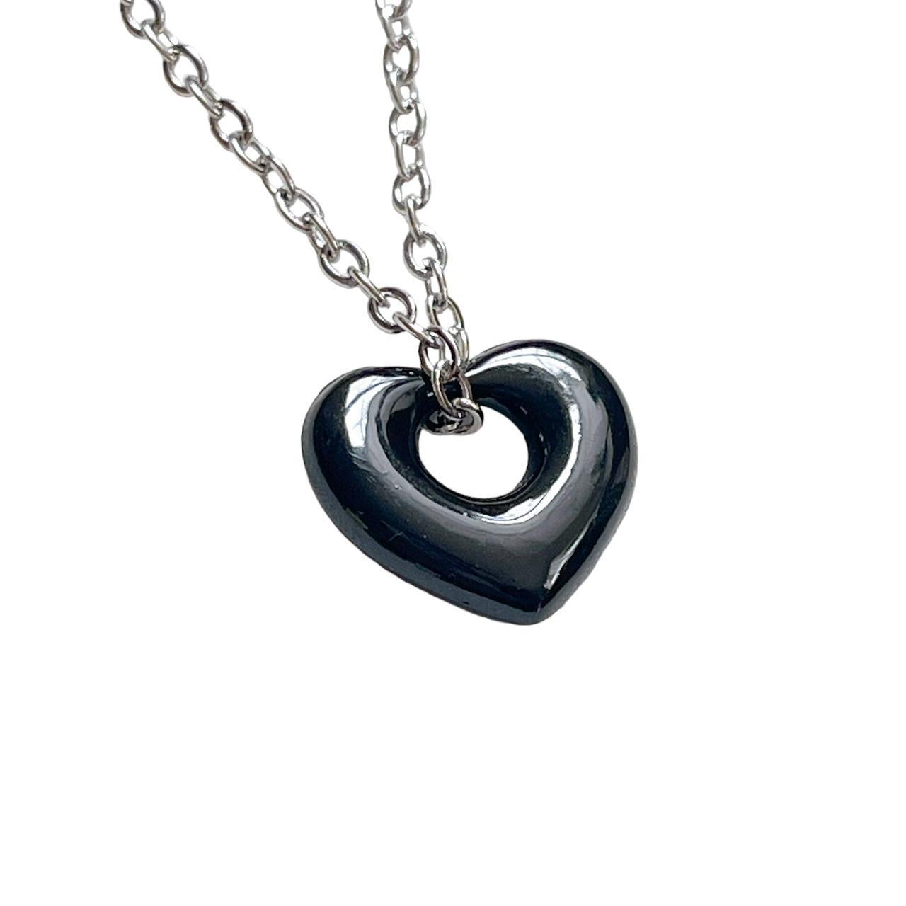 Black Puffy Hollow Heart Necklace