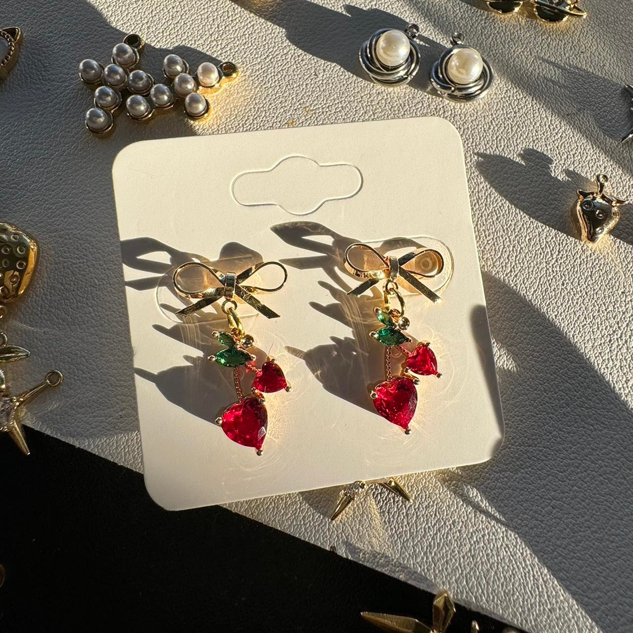 Gold Bow & Cherry Earrings