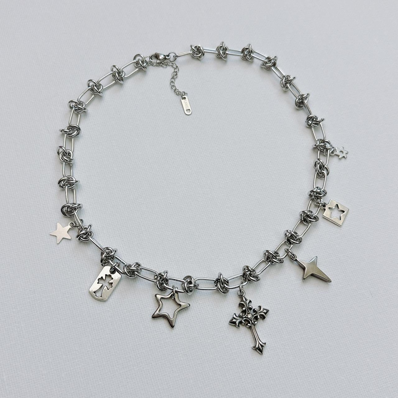 silver chain mail charm necklace - cross