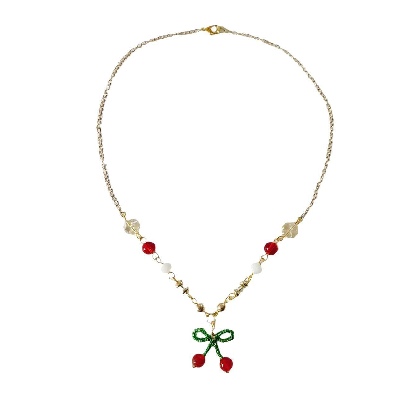 Gold Cherry Bow Beaded Necklace