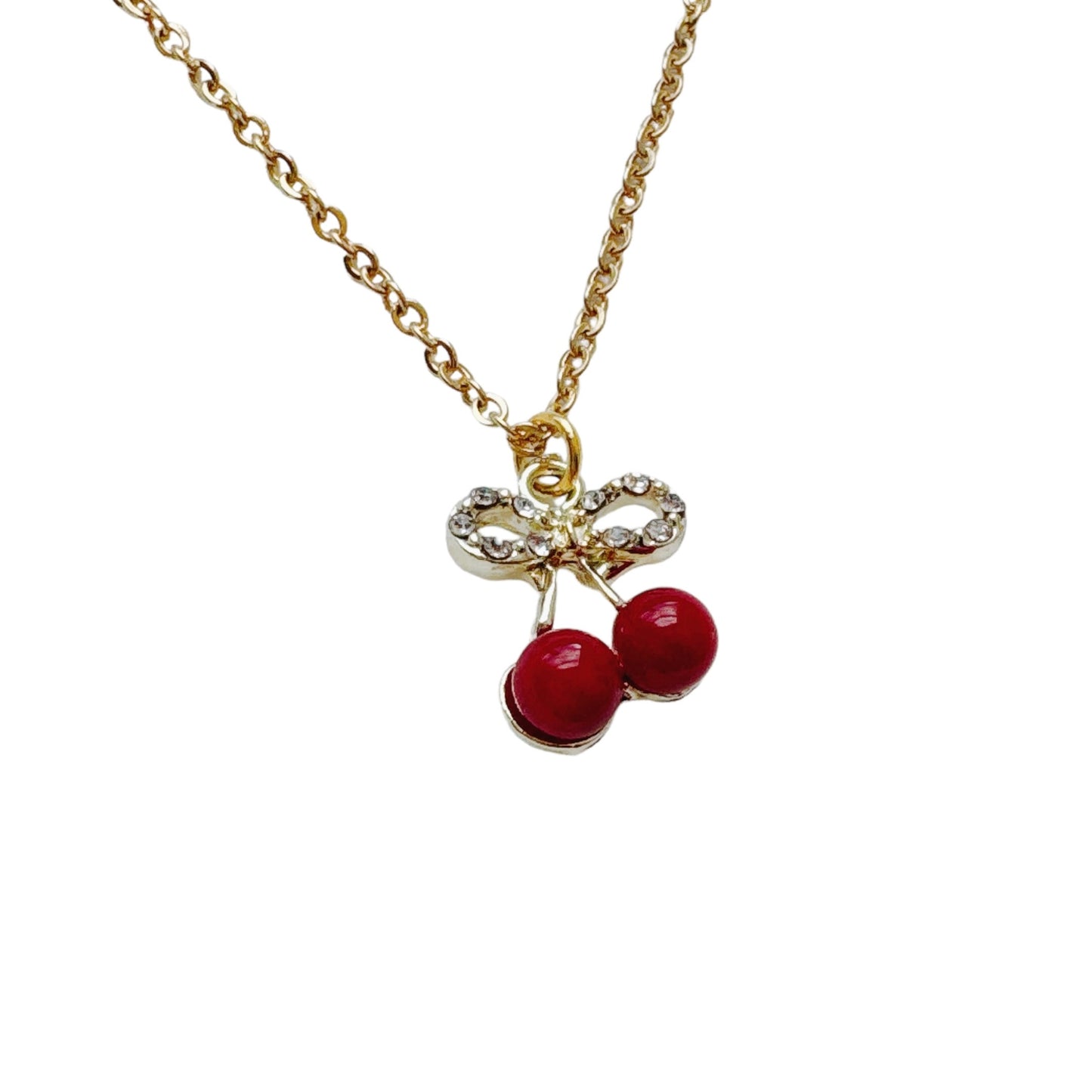 Gold Rhinestone Cherry Bow Necklace