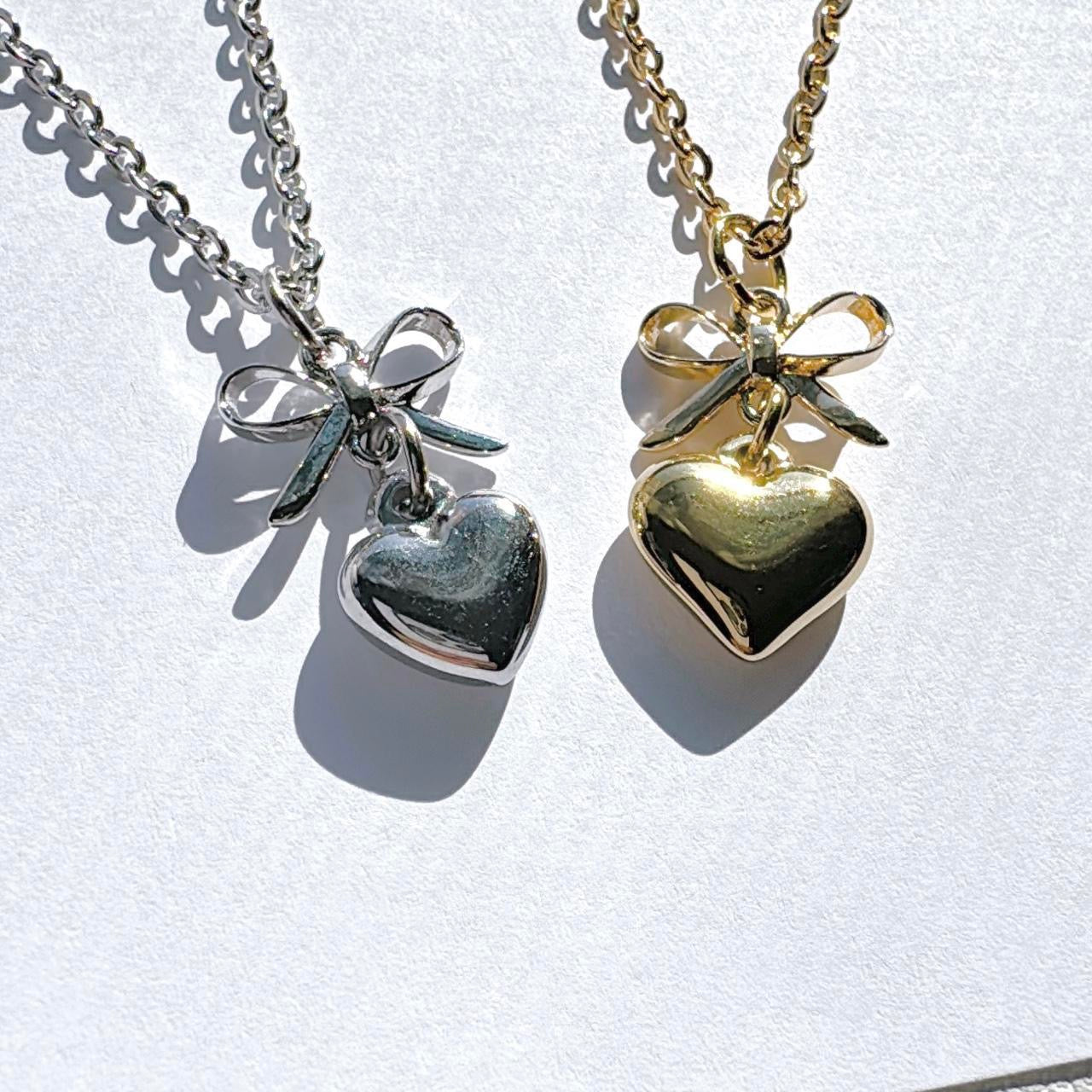 Silver Bow & Heart Necklace