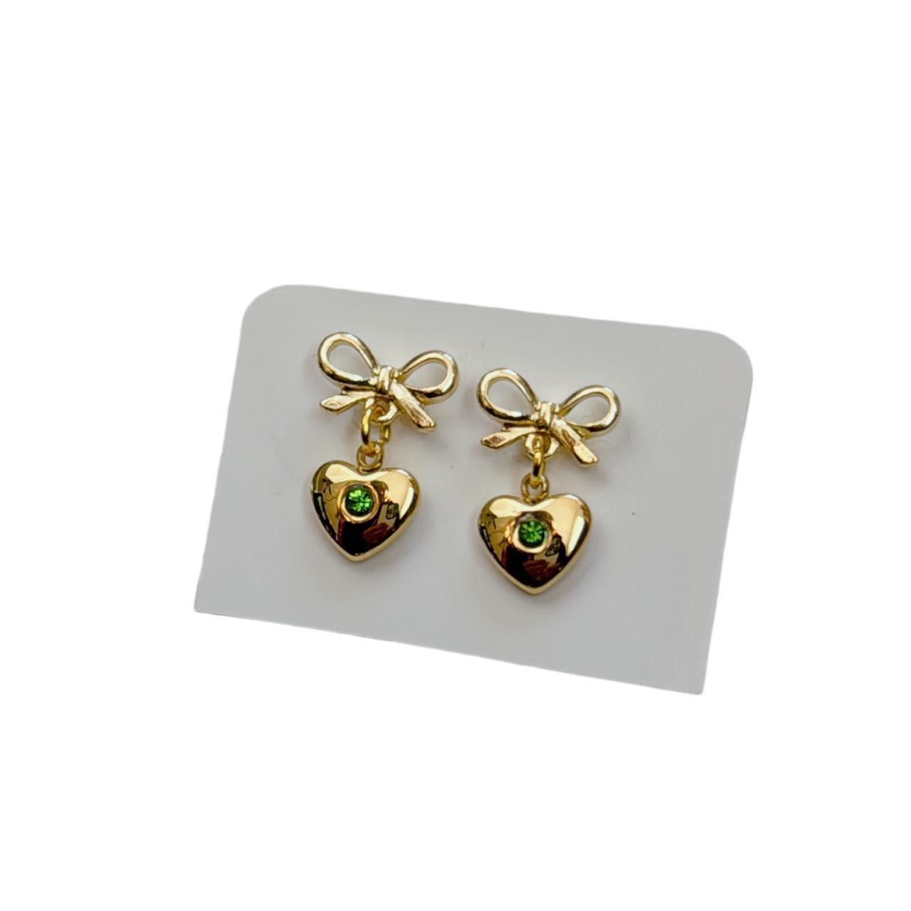 Gold Bow & Green Rhinestone Heart Earrings