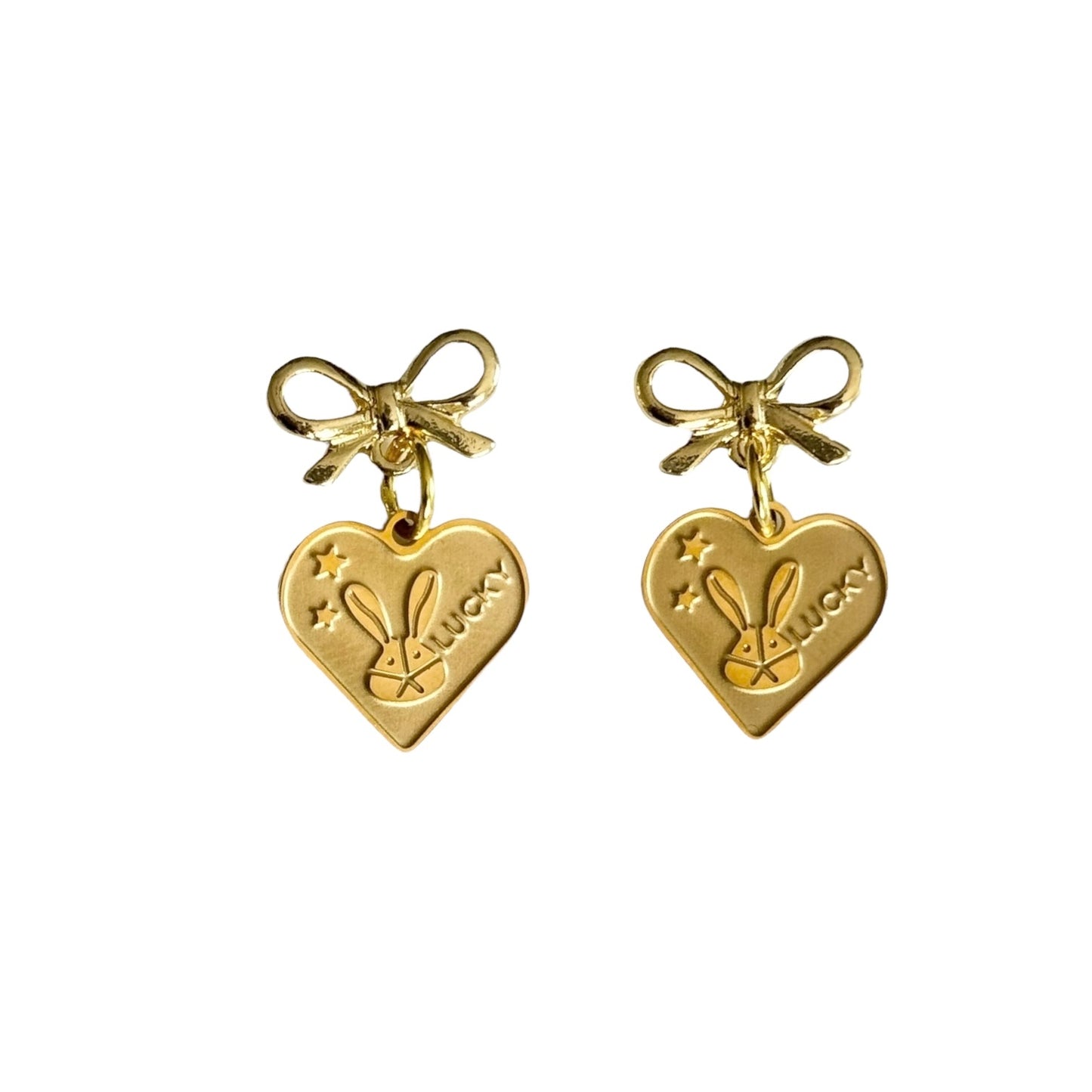 Gold Bow & Lucky Bunny Heart Earrings