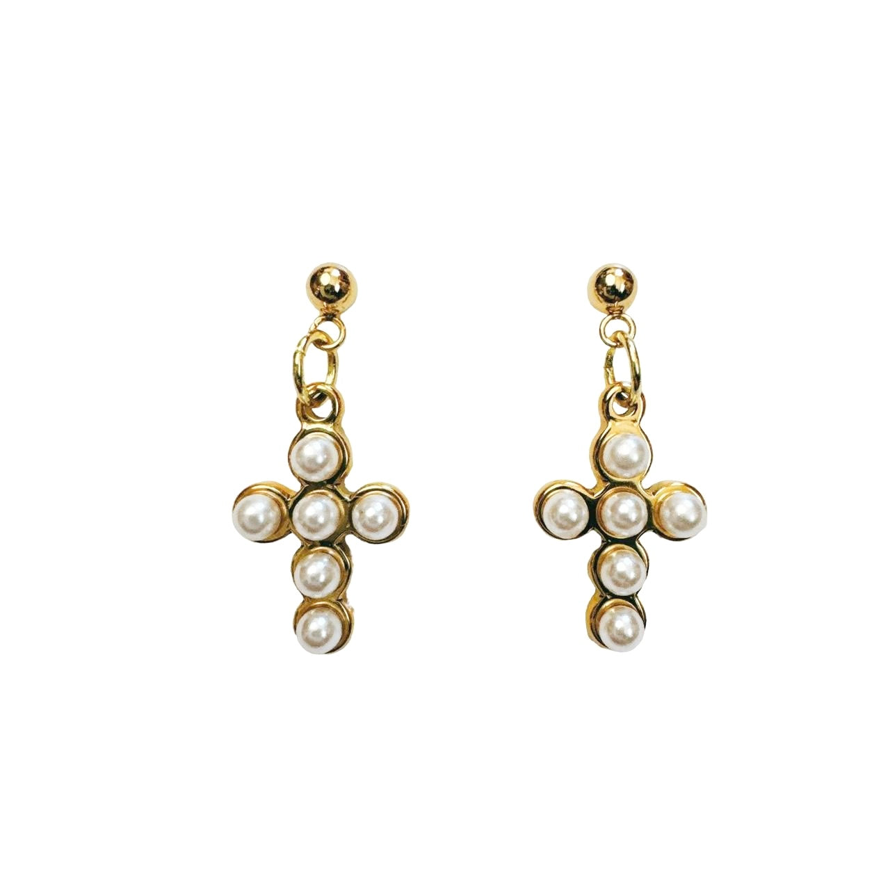 gold pearl cross earrings