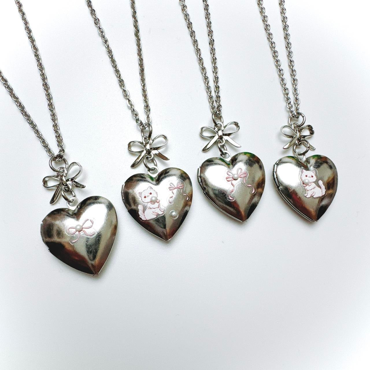 Silver Bow & Heart Locket - long pink bow version