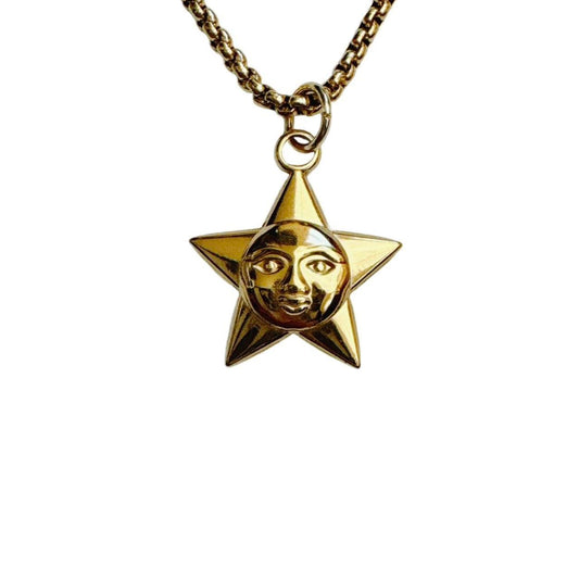 gold star moon face necklace