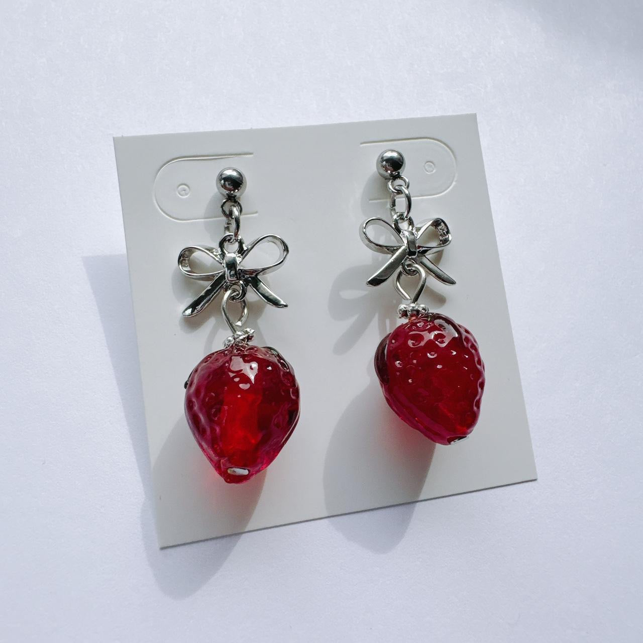 Silver Bow & Glass Strawberry Earrings