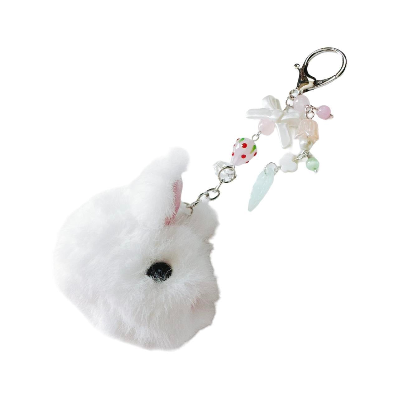 white fluffy bunny keychain - pink strawberry