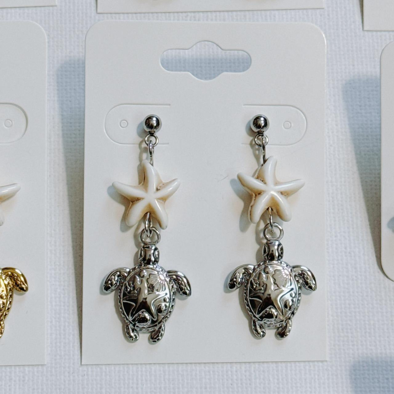 silver starfish sea turtle earrings