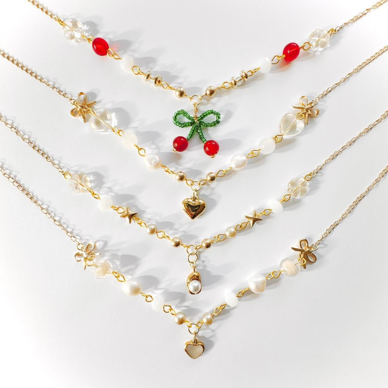 Gold Cherry Bow Beaded Necklace