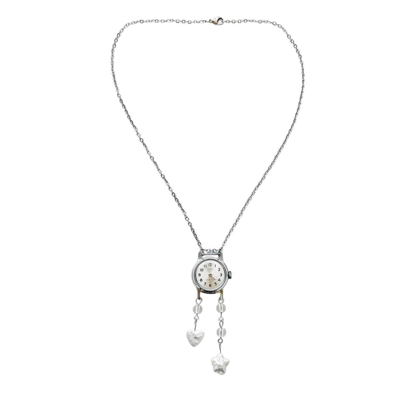 silver pearl watch necklace