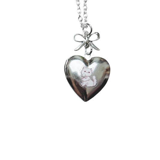 Silver Bow & Heart Locket - cat version