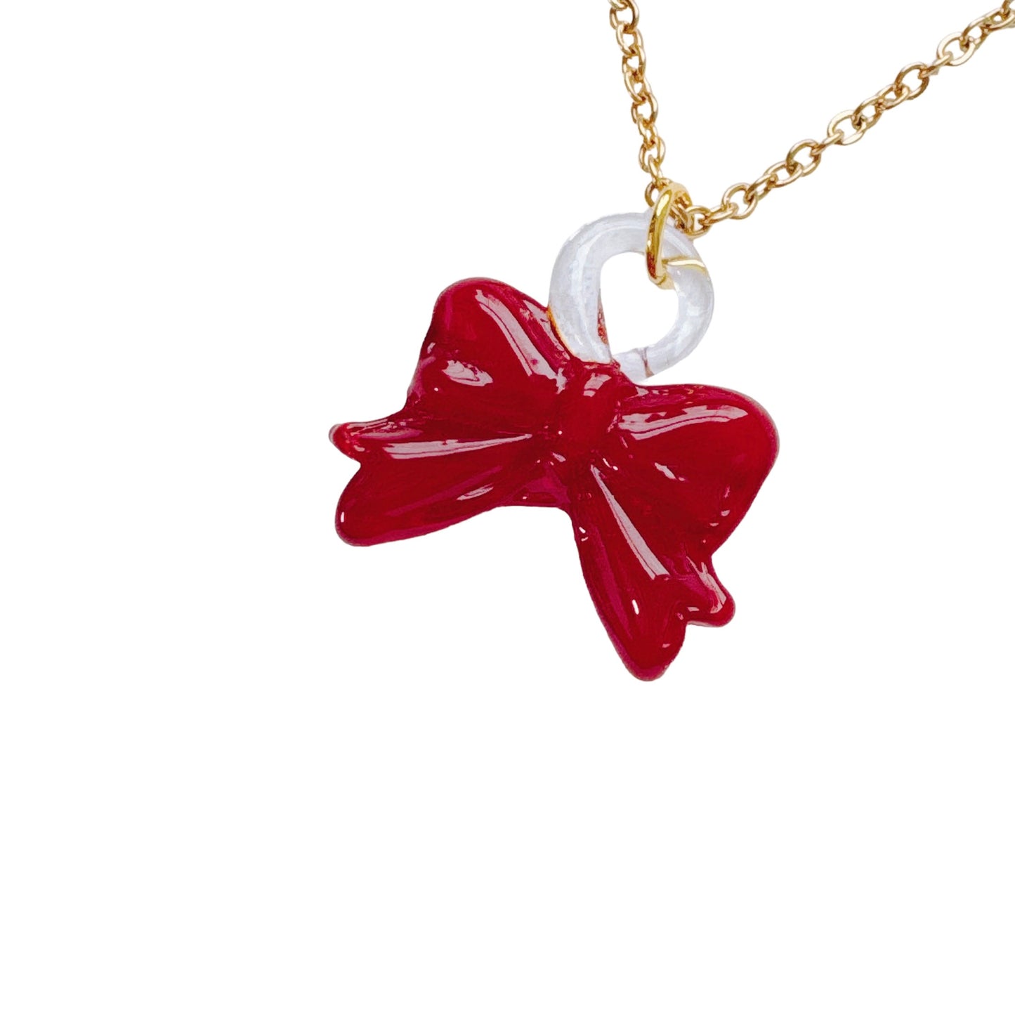 Gold Red Glass Bow Necklace