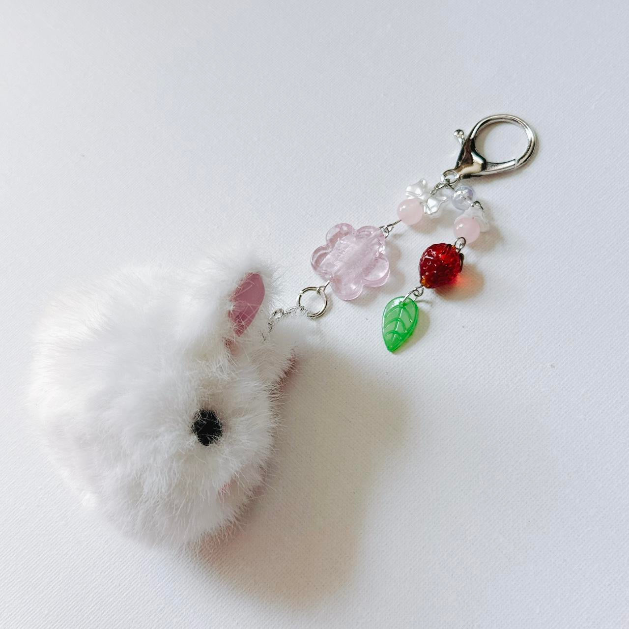 white fluffy bunny keychain - red strawberry