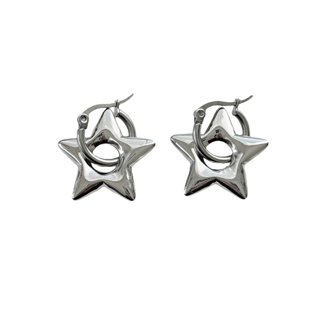 Silver Puffy Star Hoops