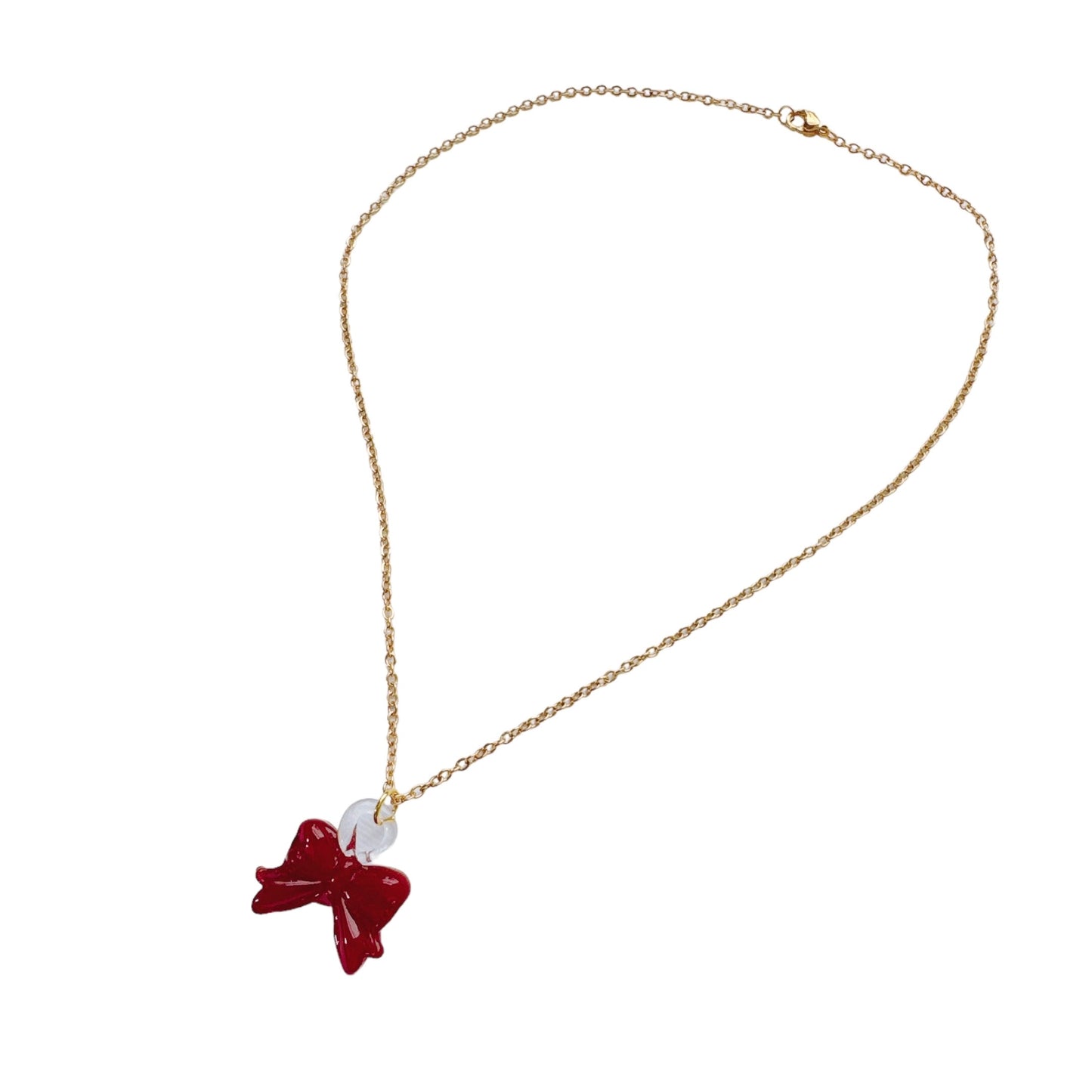 Gold Red Glass Bow Necklace