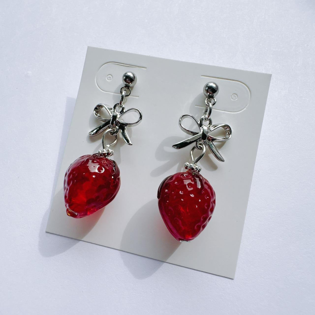 Silver Bow & Glass Strawberry Earrings