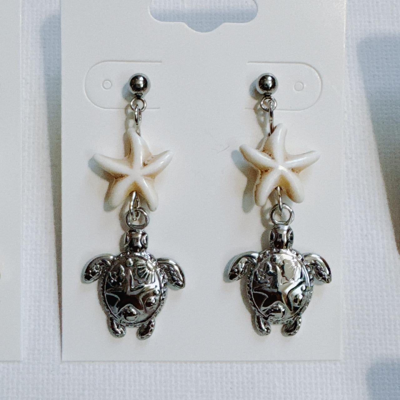 silver starfish sea turtle earrings