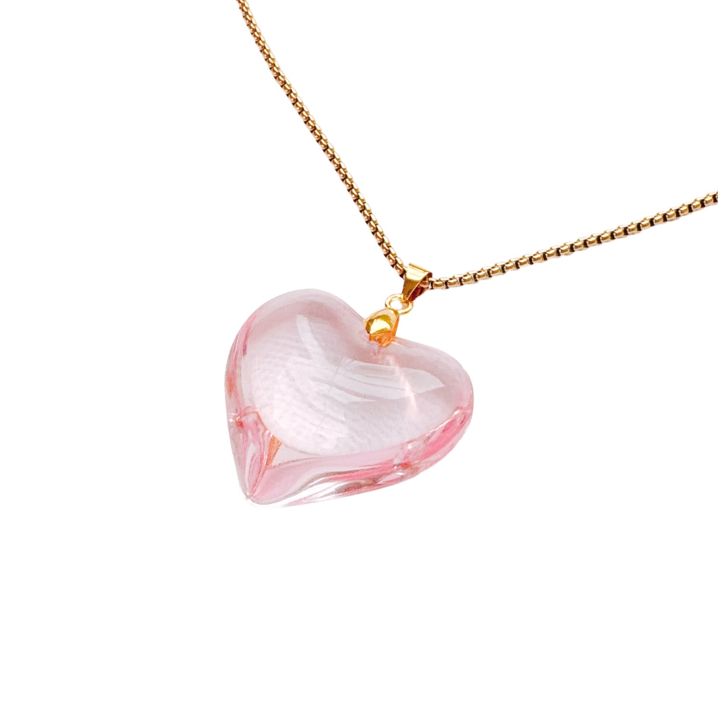 Gold Pink Glass Heart Necklace