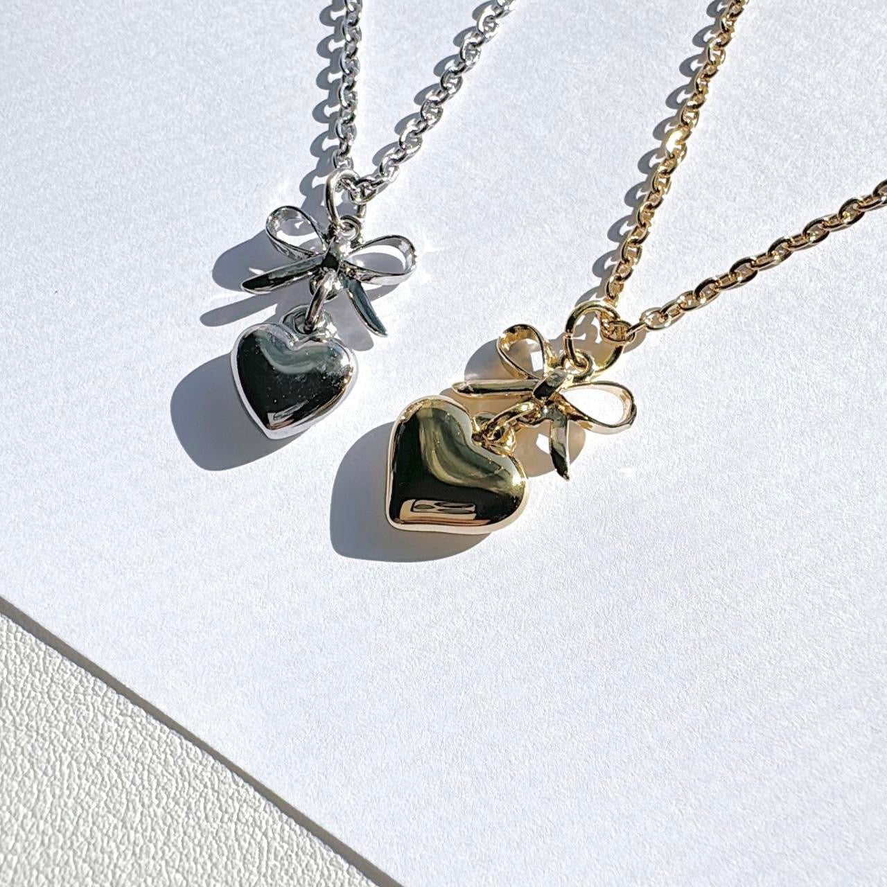 Silver Bow & Heart Necklace