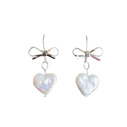 Silver Bow & Pearl Heart Earrings