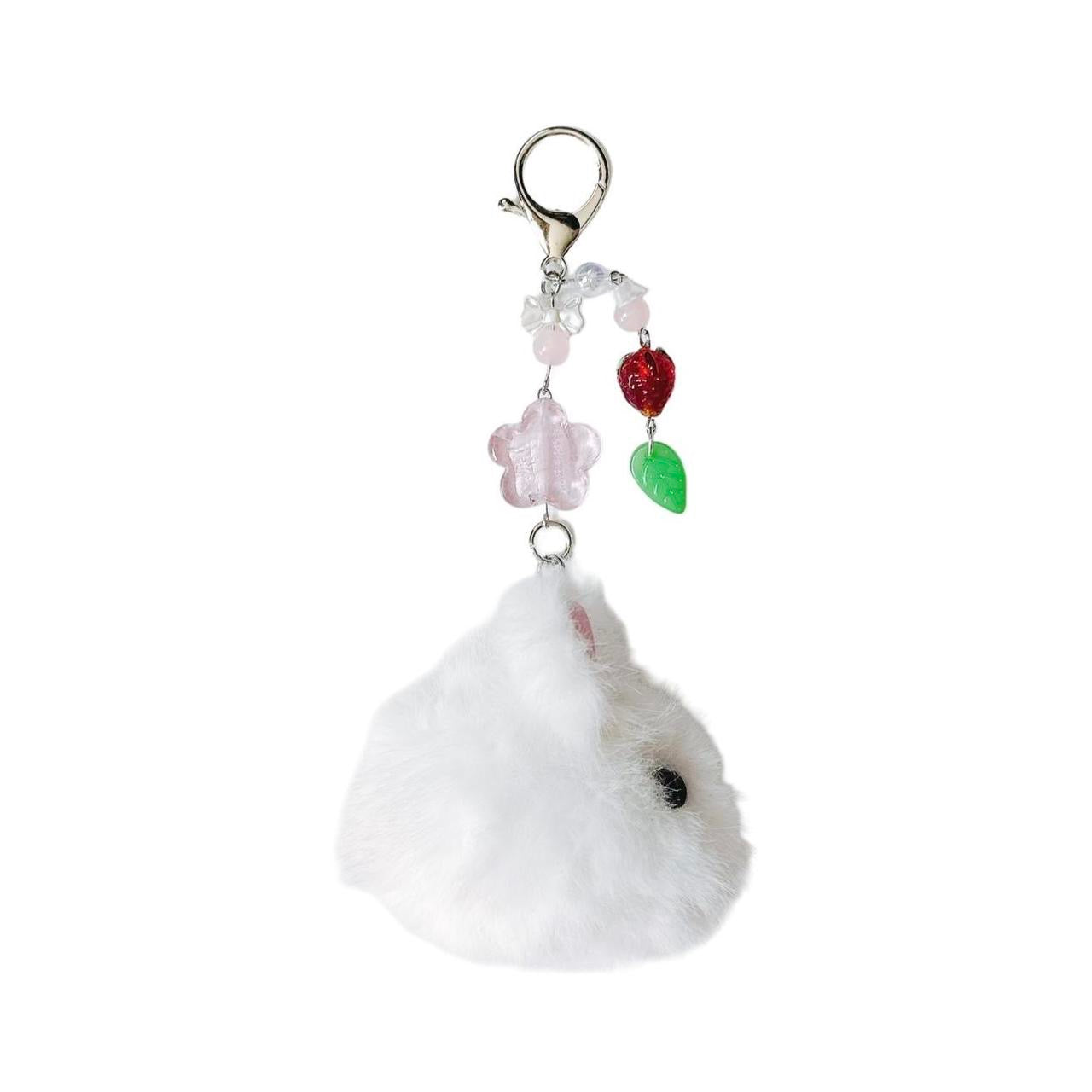 white fluffy bunny keychain - red strawberry