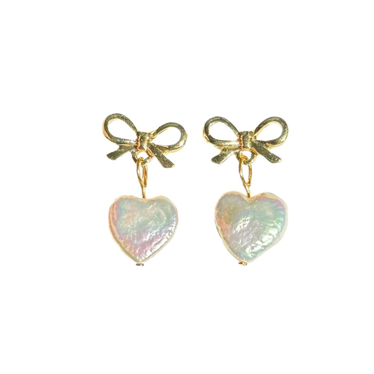 Gold Bow & Pearl Heart Earrings