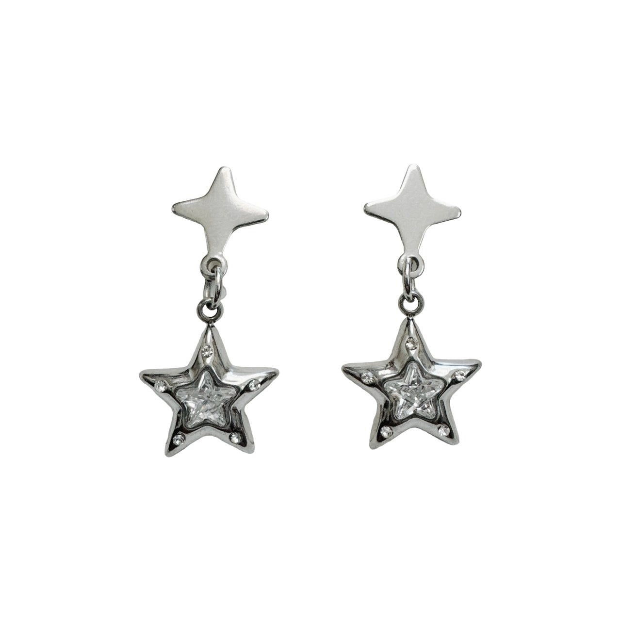 silver double rhinestone star earrings