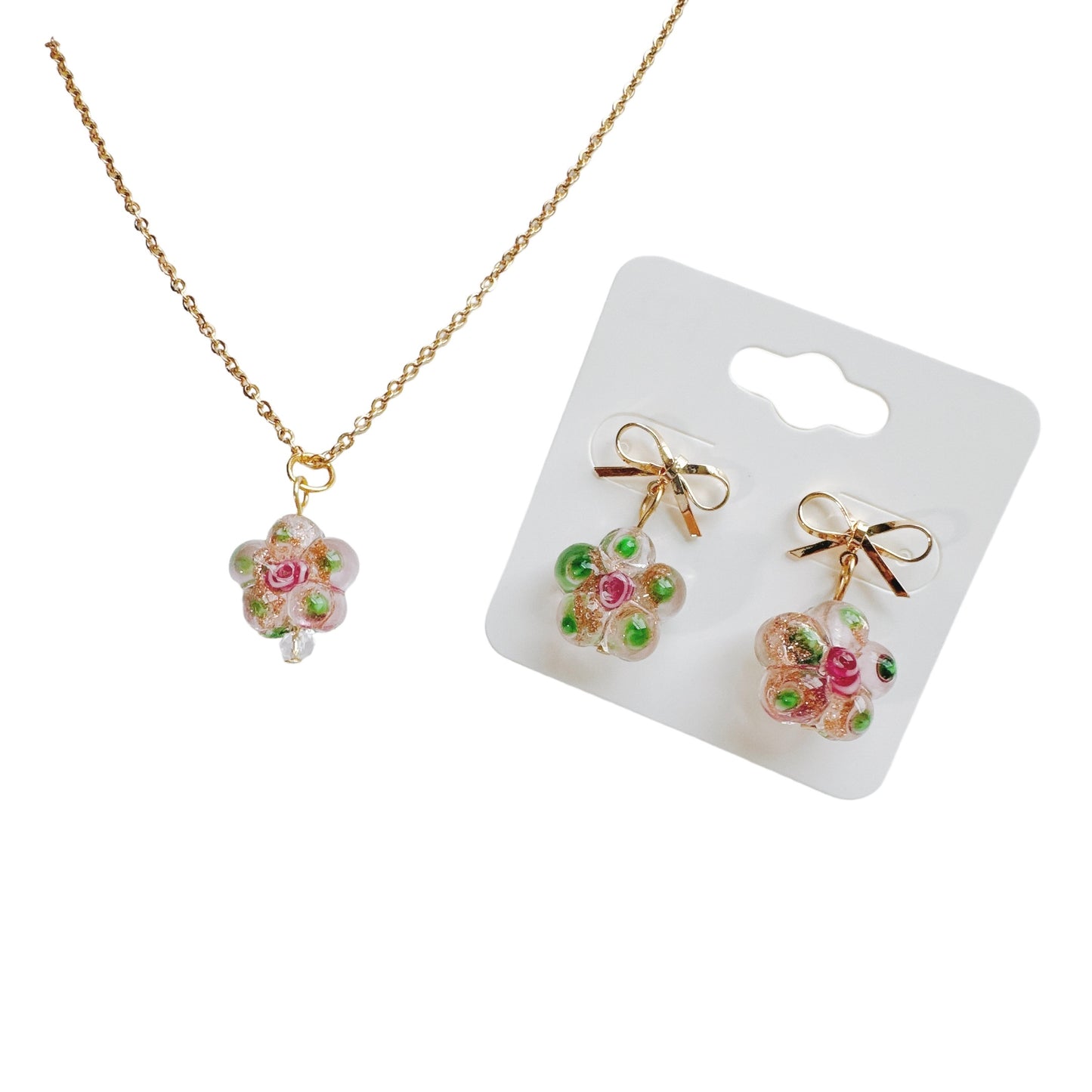 Gold Pink Glass Flower Necklace